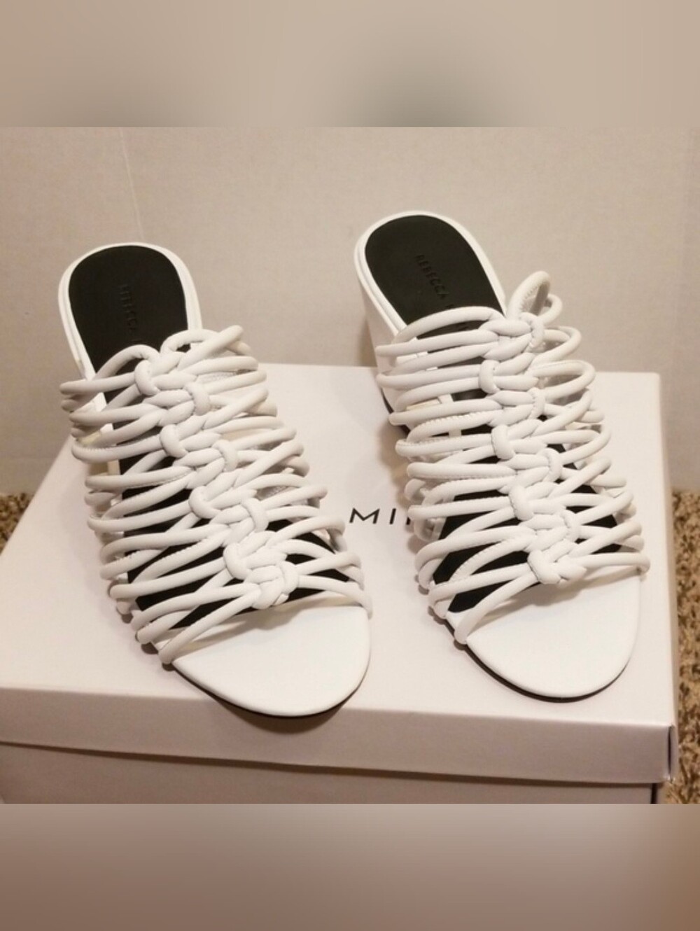 ​Rebecca Minkoff Calanthe White Strappy Block Heel Slide Sandals Shoes Size 8 M